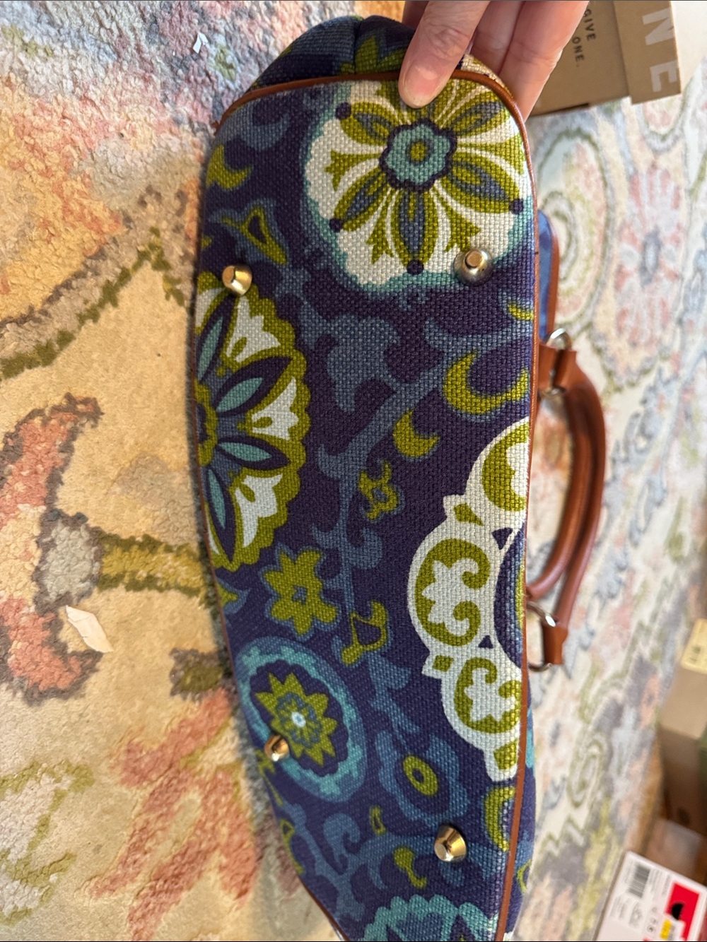 Spartina 449 Navy Floral Canvas Tote with Brown Trim and Teal Accents - Picture 5 of 7